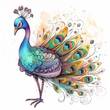 Funny colorful cartoon peacock like a pompon clipart with big beautiful eyes and long beautiful legs, distinct fine details, watercolor technique, black contour lines