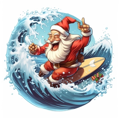 Beautiful Happy Face Santa surfing On Beach Sublimation Clipart ,Cartoon,hyper realistic, intricate detail, illustration style,high solution,on the white background
