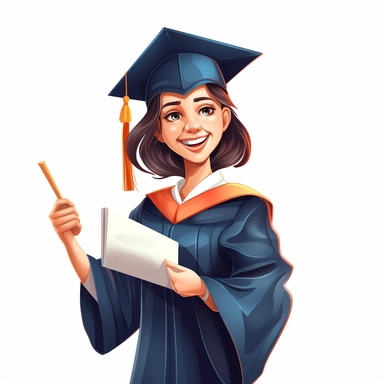 girl student graduating happily wearing academic attire, gowns or robes and graduation caps and holding diplomas, vector, clip art, single design, clean line, white background