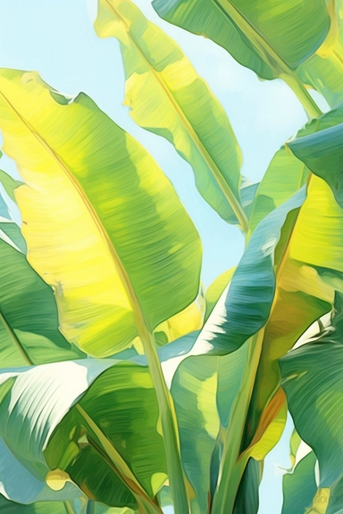 watercolor clipart, a group of banana leaf with a clear blue sky behind it, in the style of ingrid baars, light yellow and light emerald, caffenol developing, bloomcore, softly organic, warmcore, unusual cropping