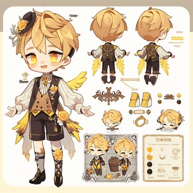 character sheet, knoling, clipart, inventory catalog, cute chibi character, golden wavy long hair, long bangs, yellow-green eyes, flat chest, beautiful young boy, gothic, frill, lace shirt, high West brown shorts, yellow bird, mimosa, yellow jewelry, ribbon