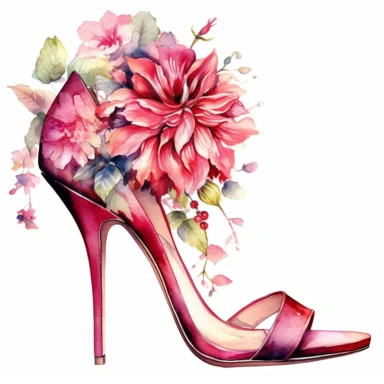 watercolor clipart of vintage pink high heel shoes, floral, color pencil drawing, nice composition, vector, outline, isolated white background, 16k