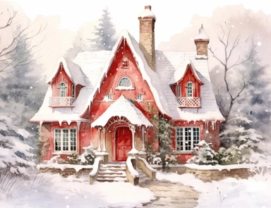 stunning red fairytale Christmas cottage in snow , beautiful Christmas clipart, soft faded colors, beautiful watercolor art by Marjolein Bastin, Thomas Kinkade, Carl Larsson, Norman Rockwell, Susan Wheeler, white background