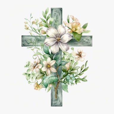 Watercolor sketch of floral cross, natural single design, highlydetailed, clipart style, white background, 8k