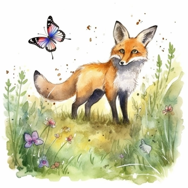 enthusiastic and happy Fox in a Meadow Clipart looking at batterflies watercolor sketch,