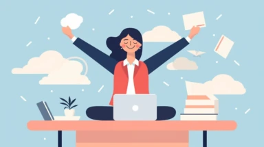 simple flat microsoft office clip art style illustration of a happy office lady sitting behind office desk with laptop, holding one document in hand, light blue pink pastel color palette