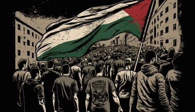 march of people crowd raising palestine flags on a road + sideview + dark color tones+ vintage drawing style ,clipart drawing,clipart image,high definition drawing,clean colors,balanced colors,detailed drawing