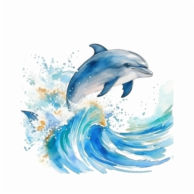 Watercolor hand-drawn dolphin illustration - jumping up from the foamy ocean wave, playful, happy mammal. Character, logo, children wallpaper, doodle, cartoon. Marine clip art. Ocean, sea inhabitant. White Background