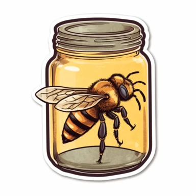 honeybee seitting on a transparent glass jar filled with honey, clipart on a white background, clipart transparent background, clipart sticker