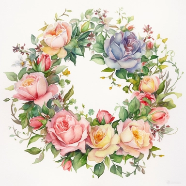 Watercolor Painting of BEAUTIFUL WREATH WITH Rose FLOWERS on white background beautiful multi - headed pale, DETAILED ILUSTRATION, Flora Design Patterns, Flemish Baroque by Rachel Ruysch, Behance, Rococo, Intricate Detailed, Soft Light Effect, Oil Paint Strokes, Light Academia Aesthetic Flowers, Lighting cinematic, all shown shimmering stamens, tyndall light, texture, colorful, 8k, fantasy, ray tracing, vivid, spectacular lighting, octane rendering, highly detailed, ultra - realistic, white back