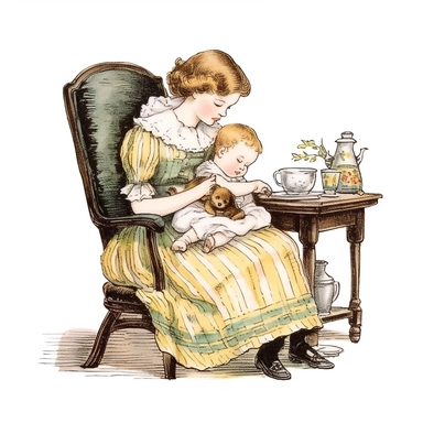 Victorian baby and nursery, Clipart, black outline, white background, colored pencil