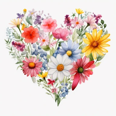 summer flowers clipart, heartshape, love, white background, climbing, watercolor