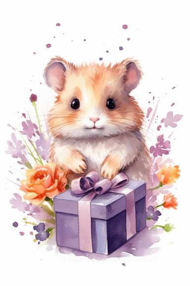 Create a watercolor clipart picture of a hamster with a birthday gift, white background. The hamster should have a cute and happy expression, with its fur depicted in soft watercolor textures. Surround the hamster with small flowers and greenery, adding a