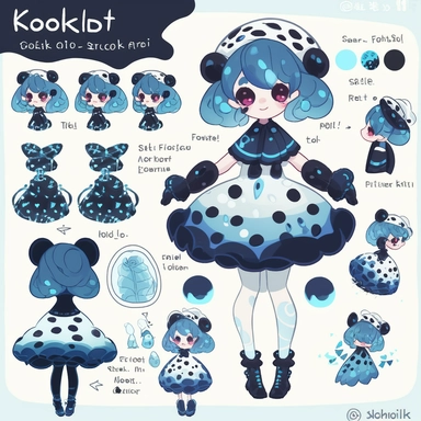 character sheet, knoling, clipart, inventory catalog, cute chibi characters, delicate illustrations, ?, beautiful girl, cobalt poison dart frog, black gloves, polka dot dress and lace, frill, dot ribbon, beautiful light, blue neon, octopus