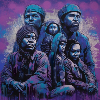 Legacy of Oppression: Create a powerful and thought-provoking art piece that explores the legacy of slavery in America. Using shades of deep indigo, violet, and purple, the piece should convey the profound impact of 400 years of slavery on the African American community. Drawing inspiration from the styles of Banksy and Logan Hicks, the piece should feature bold lines, intricate stenciling, and subtle fades to create a sense of depth and texture. The use of mixed media, including photographs and