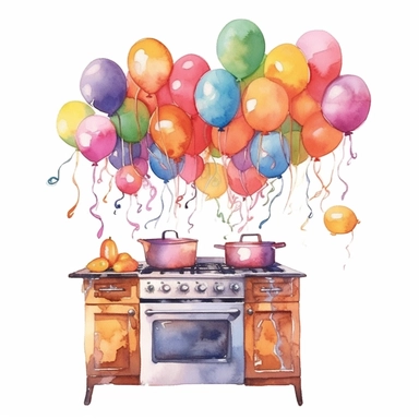 Watercolor, Create a surreal kitchen with balloons replacing cooking utensils and appliances. clipart, hd, on a white background, spased out