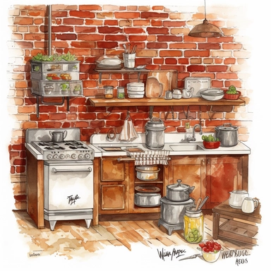 watercolor, hyper realistic, white background, white margins, 16k, ultra detailed clipart, cut out image, hand-drawn a vintage red brick wall kitchen with a retro refrigerator, colorful Fiesta ware dishes, and a charming farm sink. The color theme could be warm earthy tones like beige, rust, and deep red.