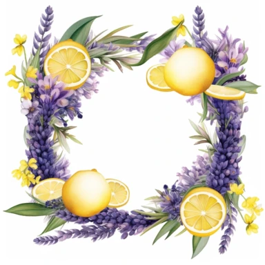 lemon and lavender square wreath clipart, white background