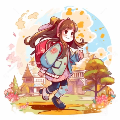 A detailed illustration of a Japanese kindergarten girl, going to school, wearing a cute backpack, style cartoon, colors, two-dimensional, planar vector, character design, T-shirt design, stickers, colorful splashes, and T-shirt design, Studio Ghibli style, soft tetrad color, vector art, fantasy art, watercolor effect, Alphonse Mucha, Adobe Illustrator, hand-painted, digital painting, low polygon, soft lighting, aerial view, isometric style, retro aesthetics, focusing on people, 8K resolution, u