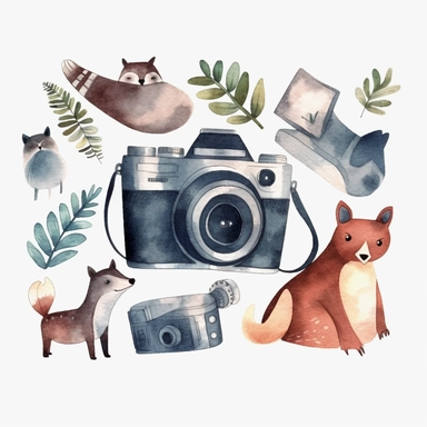 simplified camera clipart, simple shapes, no lines, no outlines, clipart most popular on etsy, featured on dribble, cartoon animals clipart, minimalist, computer vector graphic design clip art, watercolor illustration clipart, watercolour clipart, watercolor illustration for kids and children, book illustration, print on demand image, PNG transparent background