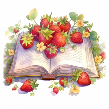 Commercial shot of cute ultra realistic watercolor insanely beautiful open book with strawberries clipart, country strawberry theme, overgrown plants and strawberries summer lush god rays clipart, deep meaning, highly detailed and realistic, insane quality, art nouveau art style, clipart witchcore dreamcore cottagecore white background no text, isolated on white, ghibli style, watercolor illustration, award winning