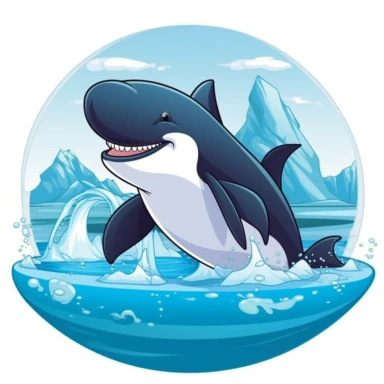 hd clipart image of a happy orca near an iceberg, cartoon style,