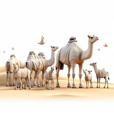 Cattle and Camels at Eid al Adha, 3D ， White background ， Clip Art Style ，