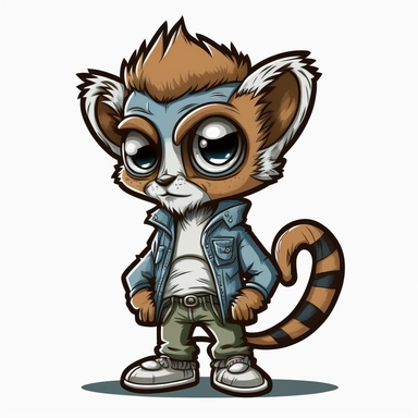 small cute anthropomorphic chibi lemur animal, standing on two legs, dressed like a man, wearing jeans and t-shirt, clipart, in sticker style, in comics style, cell shading