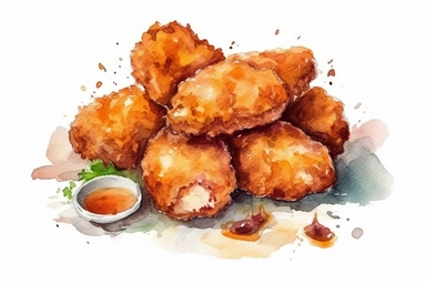 watercolor chicken nuggets with mayo, kutchup, senape clipart, HD, isolated white background, spaced out