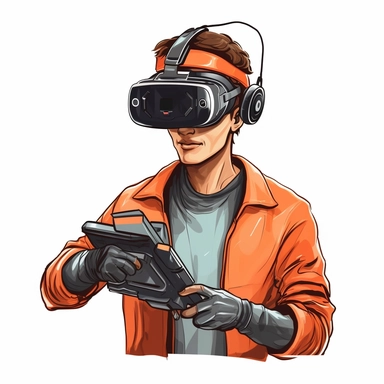 cartoon clipart image on white background, automotive mechanic trainee using a VR headset
