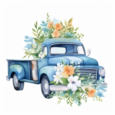 cute blue pick up truck loaded with flowers watercolor clipart
