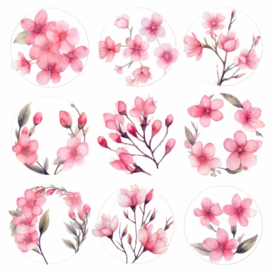 Watercolor clipart set featuring pink flower blossoms, each captured from a different angle and displayed within circular frames, offering a harmonious composition on a white background.
