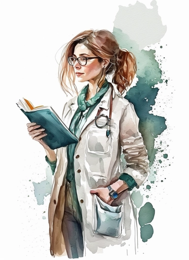 Watercolor Female doctor with clipboard clipart ,HD, white background , spaced out –ar 3:2 –s 1000