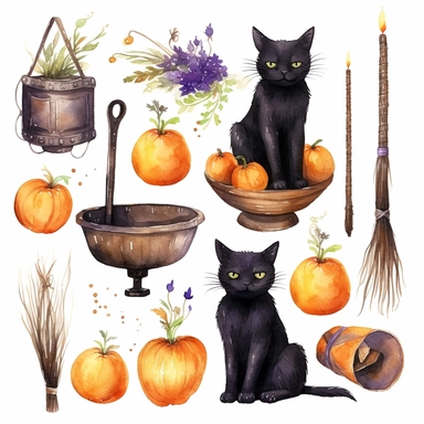 beautiful loose watercolor, halloween clipart, a witch's broom , illustrations clipart set, simple, halloween colors , different variants , candy , black cat ,separate elements with a margin, on white backgound