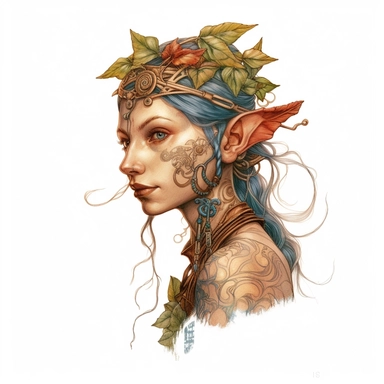 beautiful female wood elf front-facing tattoo design by twilight designs, in the style of david nordahl, jean-baptiste monge, farel dalrymple, fantastical street, high resolution, imaginative characters, clipart, blank white background