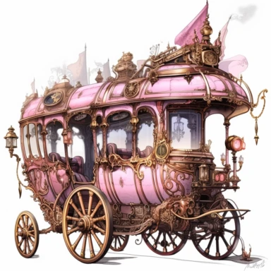 a close up of a horse drawn carriage with a pink and gold carriage, akihiko yoshida. unreal engine, neo - steampunk caravan, a steam wheeler from 1880s, telegram sticker, inspired by Greg Staples, fog bionic vogue, very detailed toad, ( ( ( buses, concept image, caravan PNG steampunk fantasy watecolor style white background Clipart