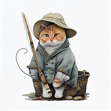 cute fisherman kitty cat wearing vintage clothes, Sublimation graphics, by Beatrix Potter, Watercolor clipart, single design, print on demand image, no watermark, PNG transparent background, white background, 8k
