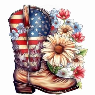 American flag with Cowboy boots Flower Sublimation Clipart, Cartoon funny, Cute anime, Very detailed, firework fullcolor background