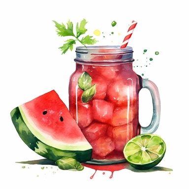 A refreshing watermelon cooler in a mason jar, with a sprig of fresh thyme and a slice of watermelon on the side , Watercolor, pastels, clipart, beautiful, colourfull, png transparent white background, high resolution, no caption q4 s2