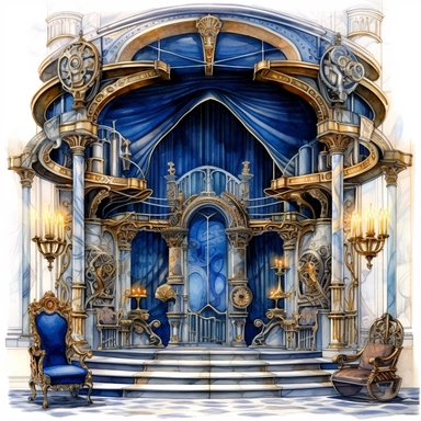 A lavish sapphire blue theater scene showcasing sumptuous velvet curtains, mechanically animated with intricate steampunk designs, framing a vacant stage of polished brass and wrought iron, hyper-realistic, watercolor, intricate details, retro-futurism, solid white background, watercolor clipart