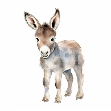 a graceful baby donkey with kind eyes clipart with watercolor illustration,full body shot,8k,etsy style, white background
