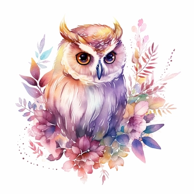 Light watercolor style, Fairycore clipart shimmery, an owl, dreamy aesthetic, pinks, purples, golds, greens, intricate, single object, print on demand image, PNG transparent background, white background for removing background - - no text shadow font watermark, 8k