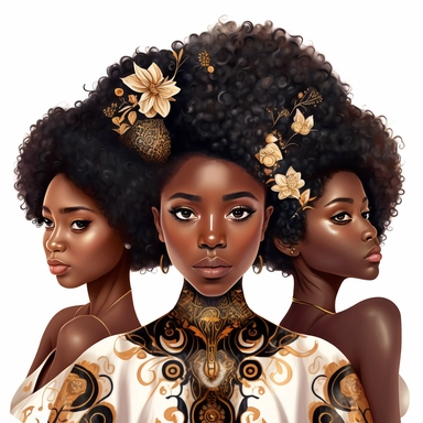 three beautiful black girls, one with an afro haircut, one with long hair and one with short hair, luxury, Pixar style, intricate details, white background, clipart