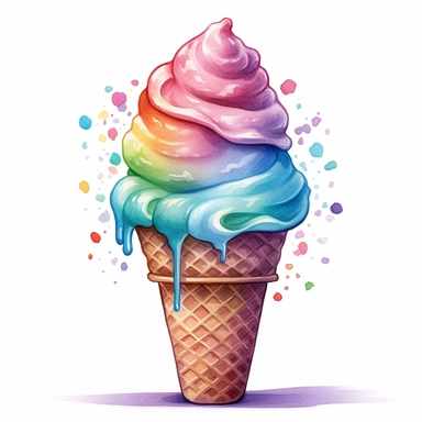 an enchanting watercolor, hyper-realistic clipart image with a white background and white margins, featuring a cone of soft-serve ice cream with a swirl on top. The ultra-detailed, hand-drawn elements capture the creamy texture and vibrant colors of the ice cream. Use whimsical touches to add a sense of delight, and bold shades of various colors to evoke the sweet and refreshing nature of this beloved fast food treat.