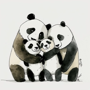 watercolor and ink drawing of a portrait of a family of four happy panda bears, one mom bear, one dad bear, two baby bears, clipart, embracing each other, cute pose, cartoon, doodle, happy, smiling, beautiful watercolor ink wash coloring, thick pencil lines, quentin Blake, Adrian tomine, popular on etsy, watercolor illustrations clipart, watercolor illlustrations for kids and children, book illustrations, plain white background