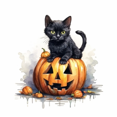Black cat sitting in Jack - o' - lantern, halloween, isolated on white background watercolor, high detail, unique, intricate detail, hand Sublimation Clipart, Cartoon, hyper realistic, intricate detail, illustration style, high solution, on the white background