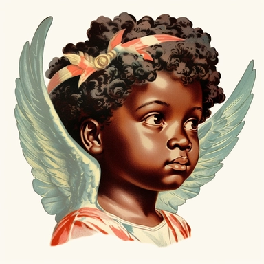 Vintage 1920 Portrait Shot View Of a Sassy black child head with Angel Wings Behind it Illustration , in the style of late 19th century, Chromolithograph, 1920s Illustration, Vintage, Chromolithograph, Colorful, Antique, Ephemera, Clipart, 8k, Isolated on white