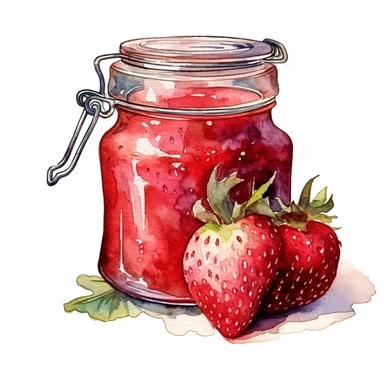 strawberry conserve, jam jar, glass jar, colour, watercolour, clipart, illustration, high quality
