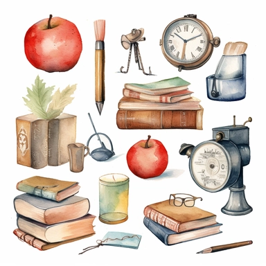 watercolour clipart of a class teacher stuff, teacher objects and elements, full length, high quality, very high details , white background