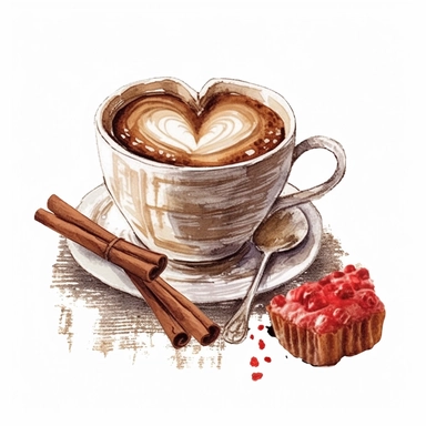 vintage hot cappuccino plan heart and little cake and chocolate sticks digital clipart on white background